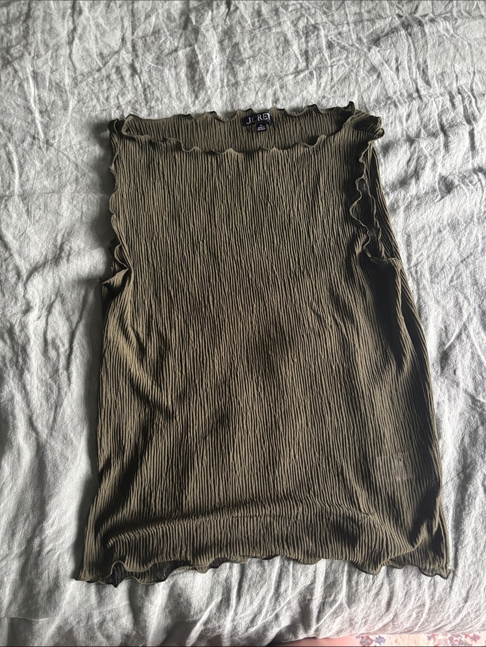 J. Crew Sheer Olive Ribbed Tank with Lettuce-Edge Trim